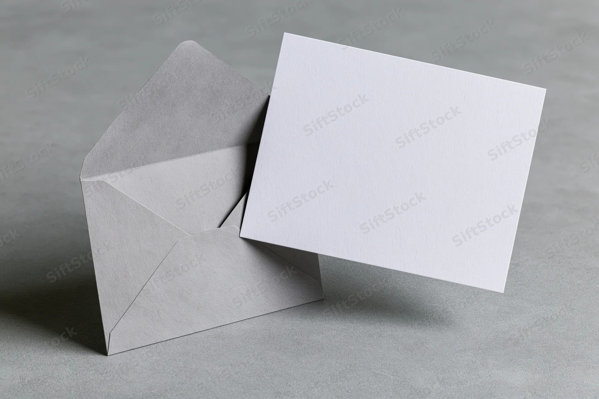 Blank white card leaning against open grey envelope on textured surface