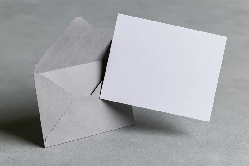 Blank white card leaning against open grey envelope on textured surface
