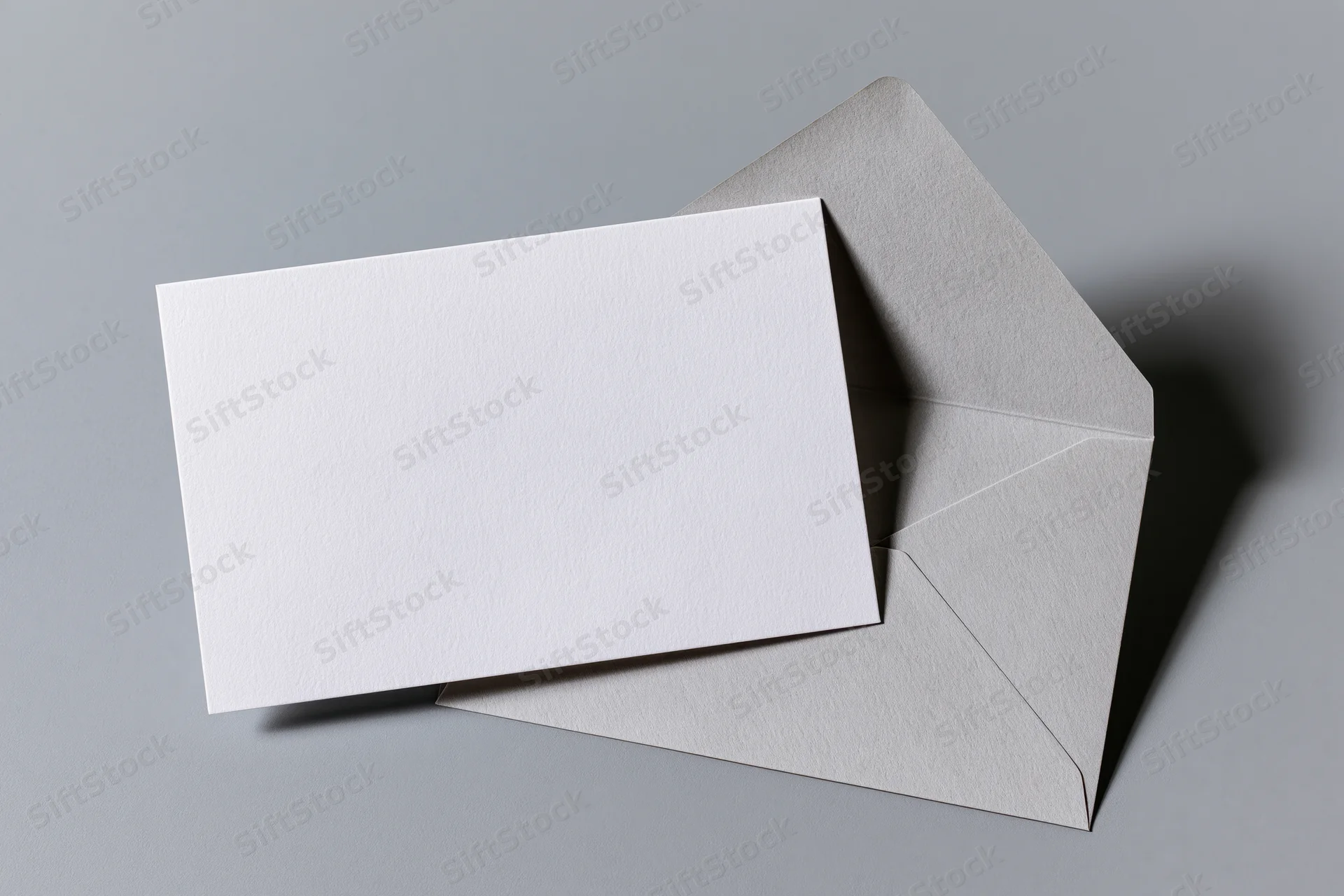 Blank white card leaning against open grey envelope on flat surface