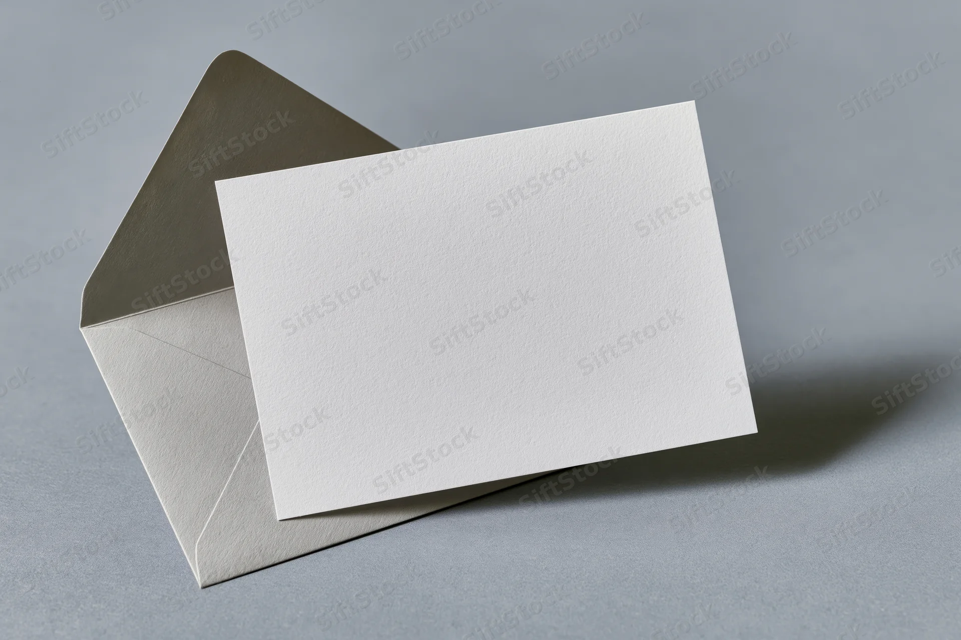Blank white card leaning against open grey envelope on flat surface