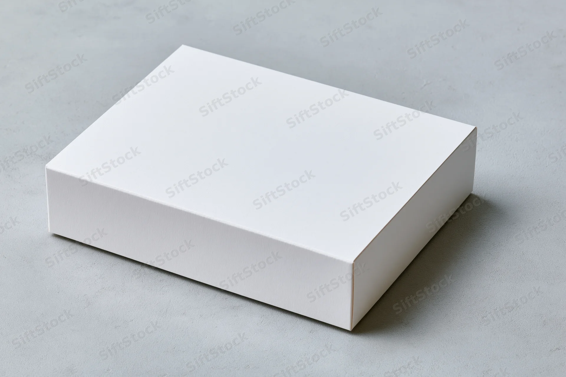 White rectangular cardboard box lying flat on a gray concrete surface