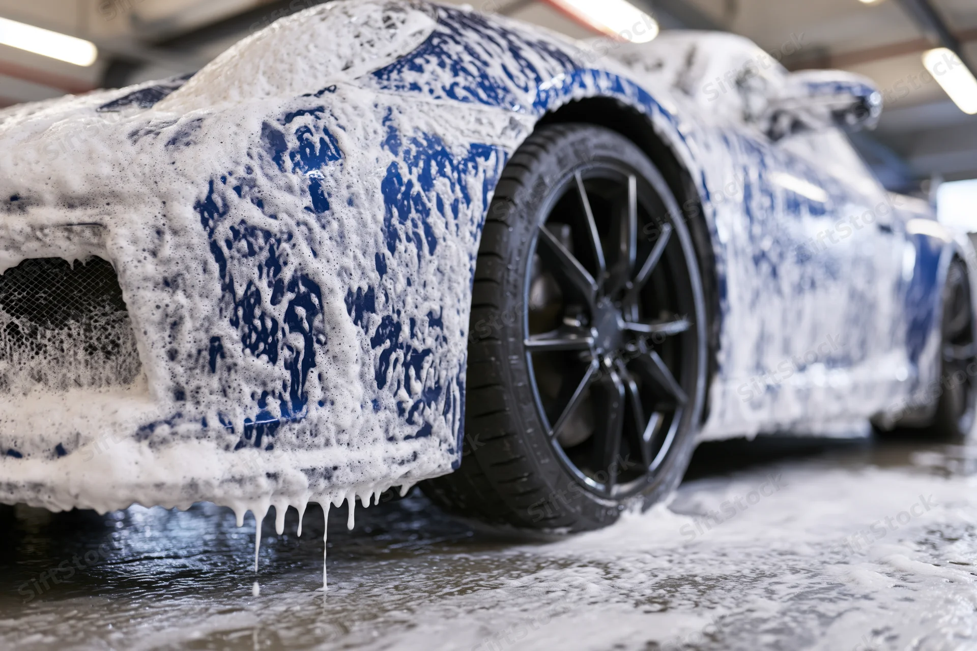 Blue sports car covered in thick white soap foam during a car wash in a garage