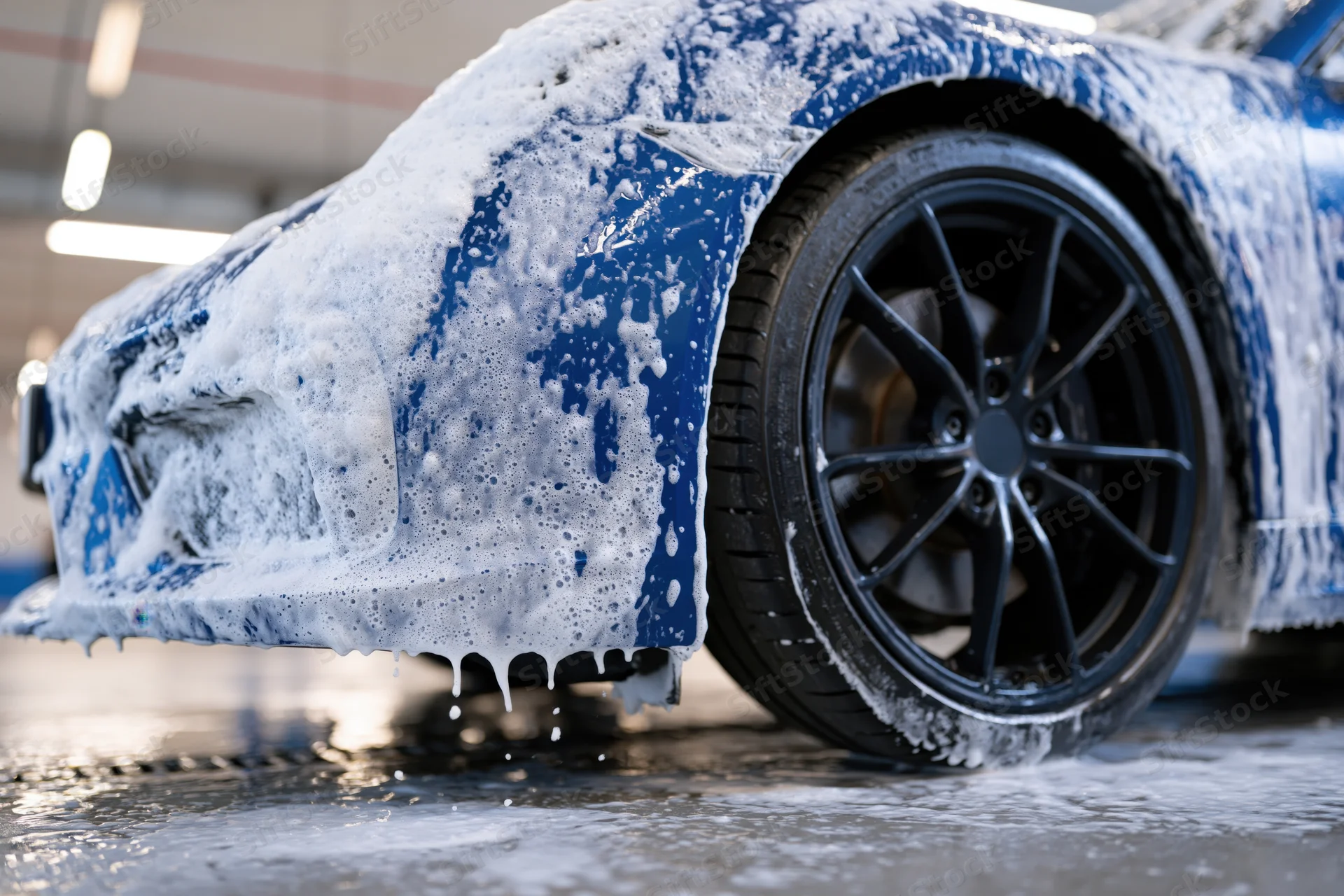 Blue sports car covered in thick white soap foam during hand wash in garage