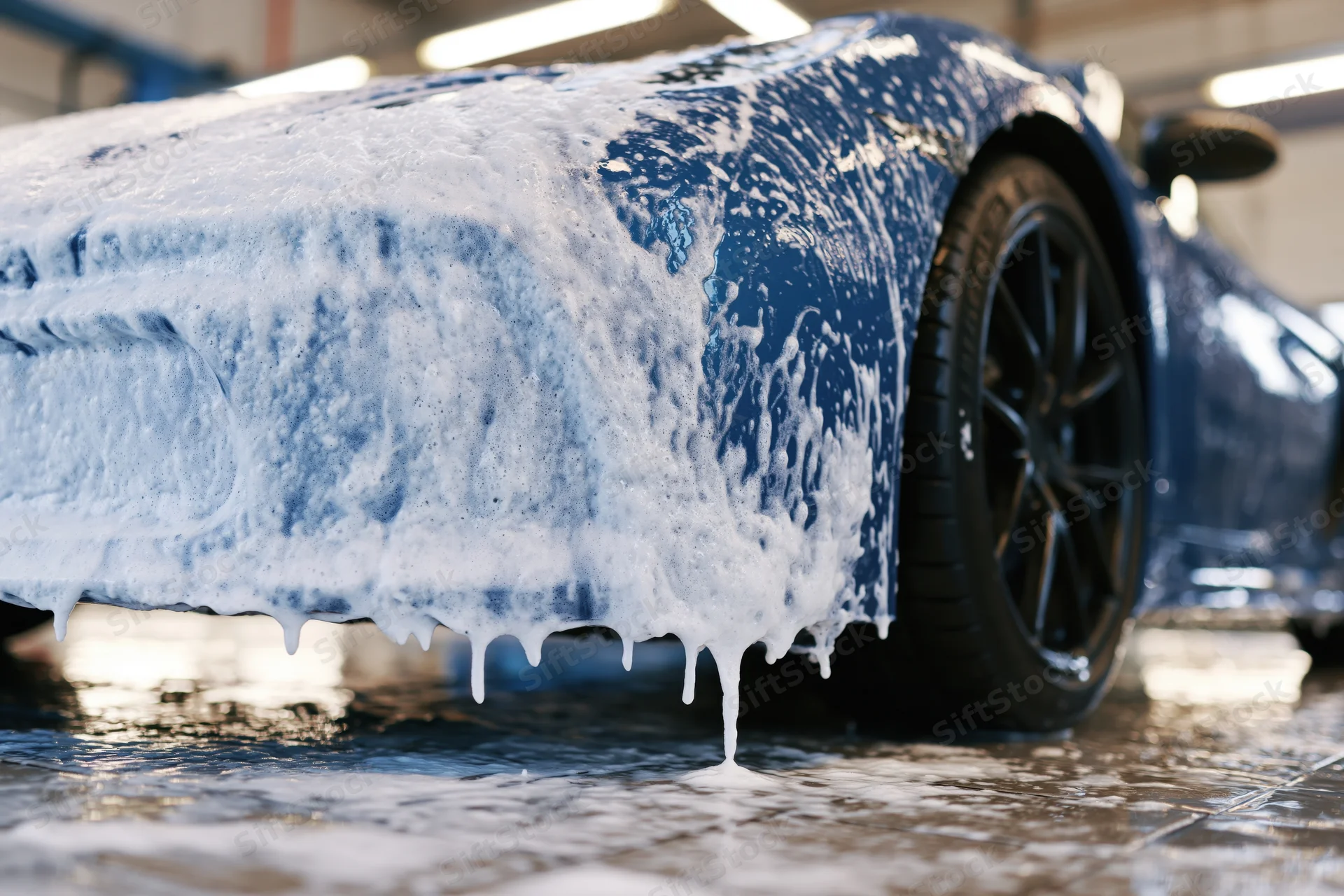 Blue sports car covered in thick white soap foam during hand wash in garage