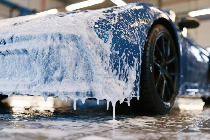 Blue sports car covered in thick white soap foam during hand wash in garage