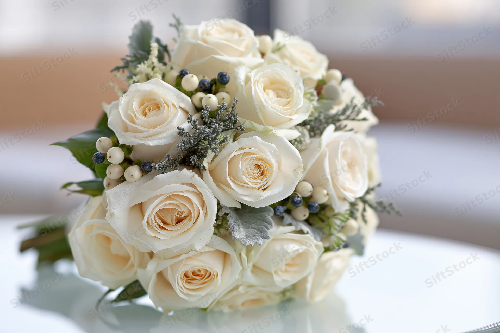 Bridal bouquet of cream and white roses arranged in a rounded shape on a reflective white surface