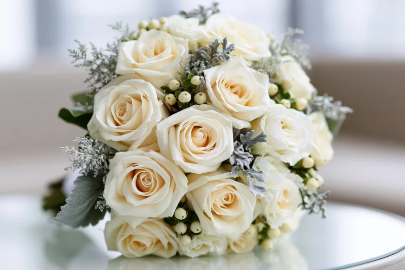 Bridal bouquet of cream and white roses arranged in a rounded shape with greenery on a reflective surface