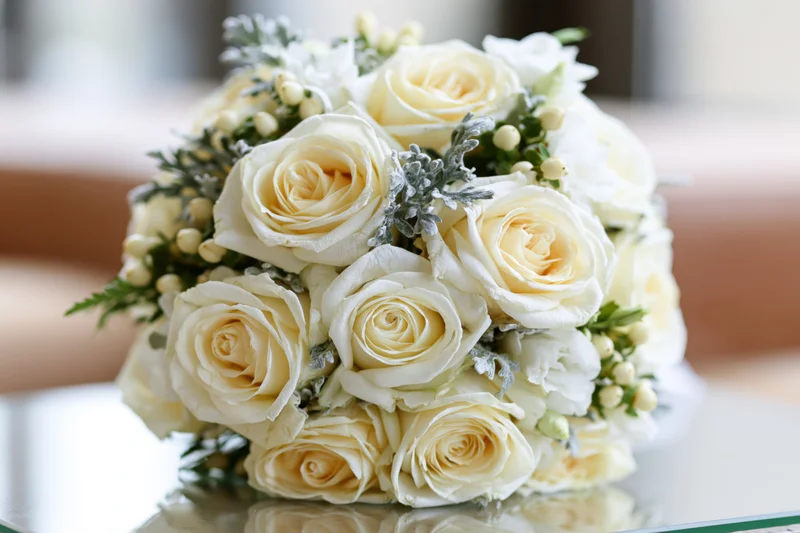 Round bridal bouquet of cream and white roses with greenery on reflective surface