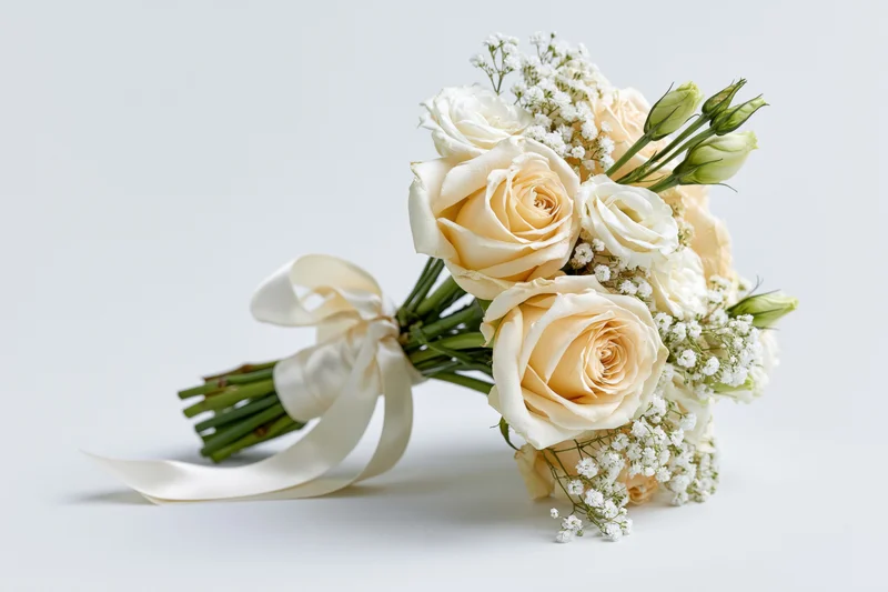 Bridal bouquet of cream and white roses with lisianthus buds arranged with ribbon on white background