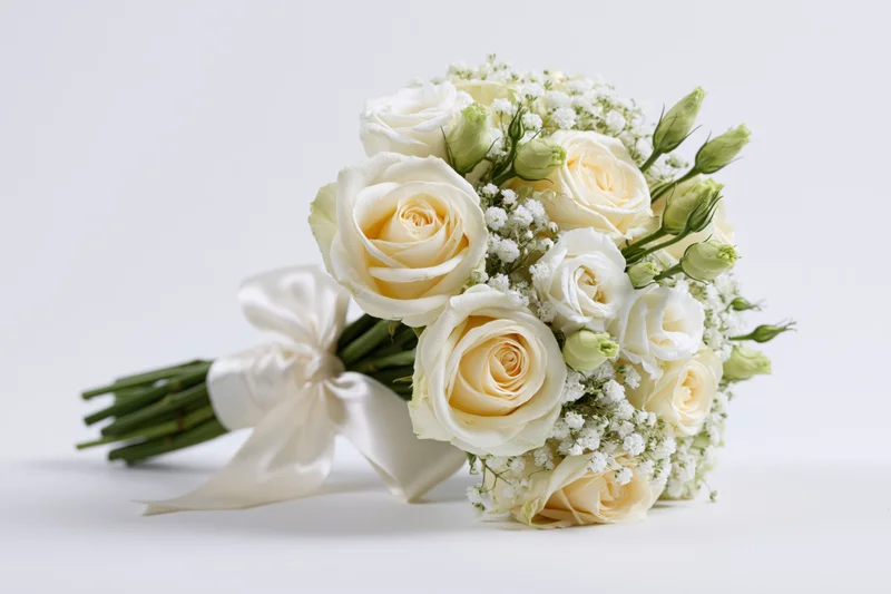 Bridal bouquet of cream and white roses with lisianthus buds arranged with satin ribbon on white background