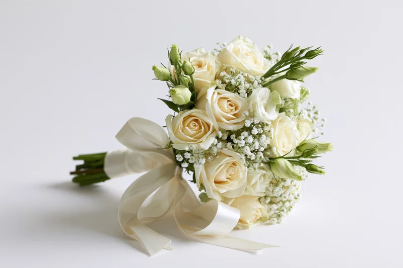 Bridal bouquet of cream and white roses with lisianthus buds arranged with ribbon on white background