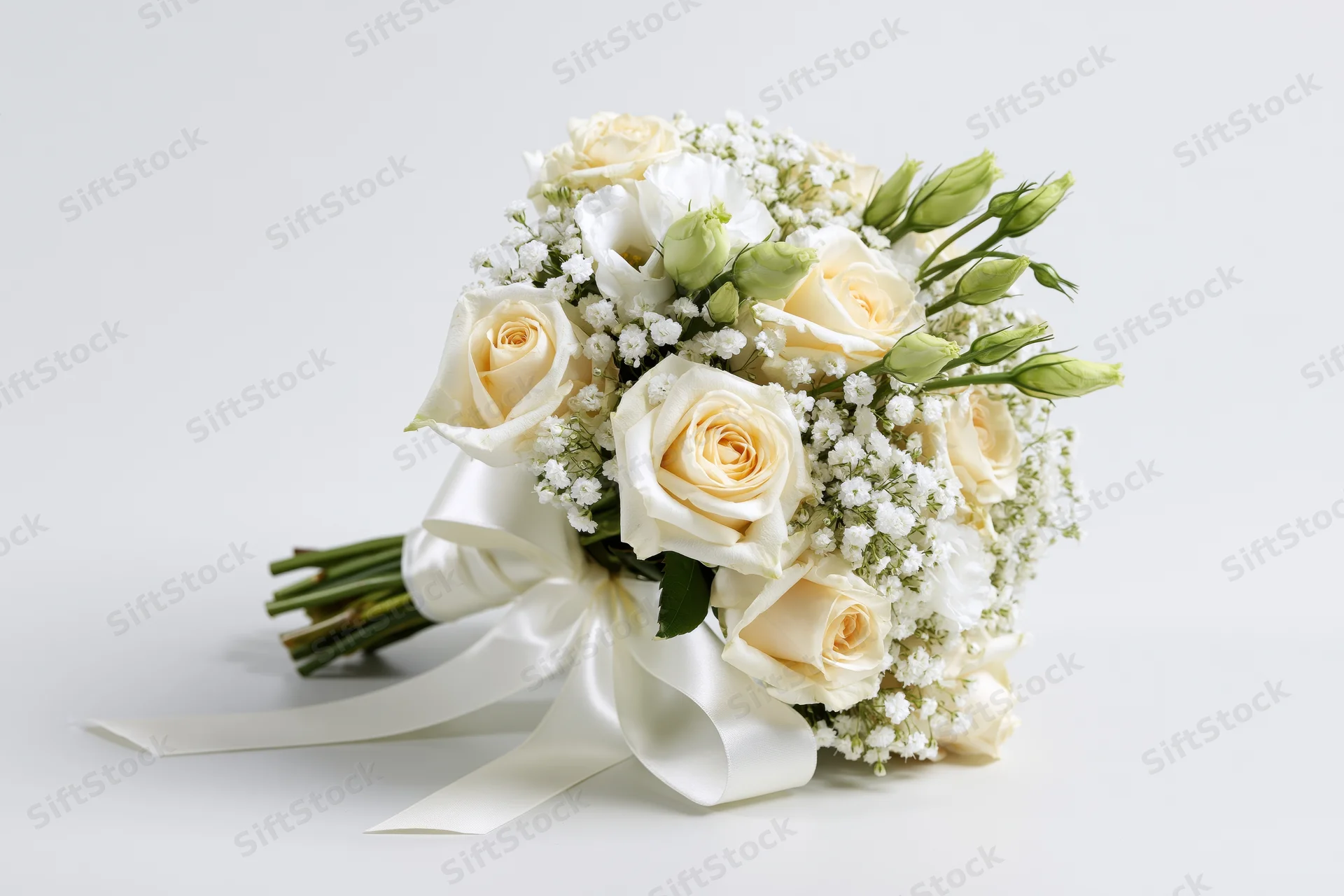 Bridal bouquet of cream and white roses with lisianthus buds tied with satin ribbon on white background