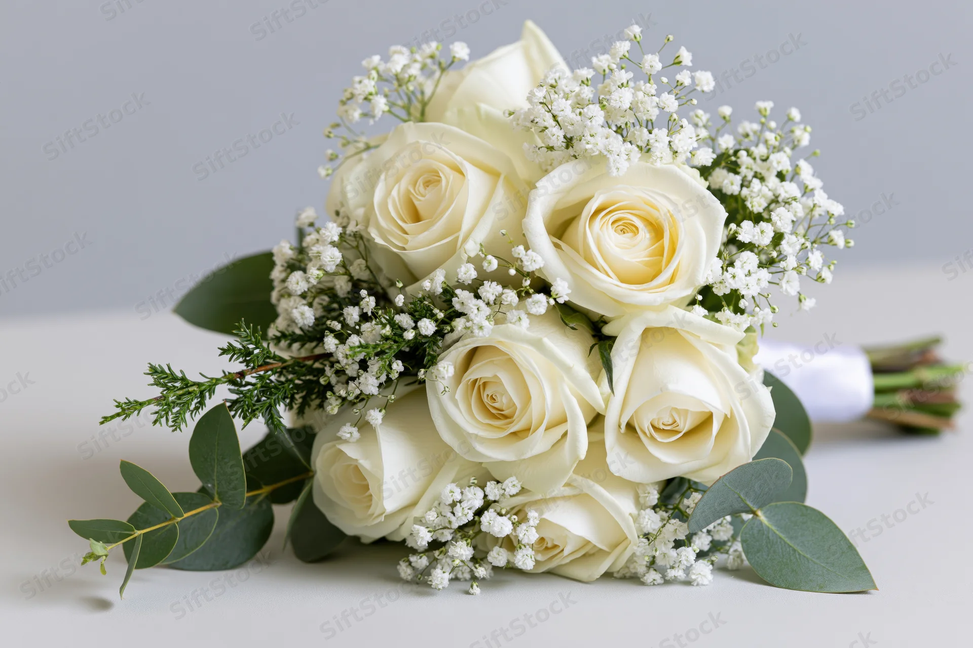 Bridal bouquet of cream white roses, baby's breath and eucalyptus arranged on a white surface