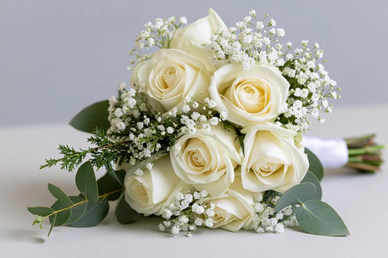 Bridal bouquet of cream white roses, baby's breath and eucalyptus arranged on a white surface