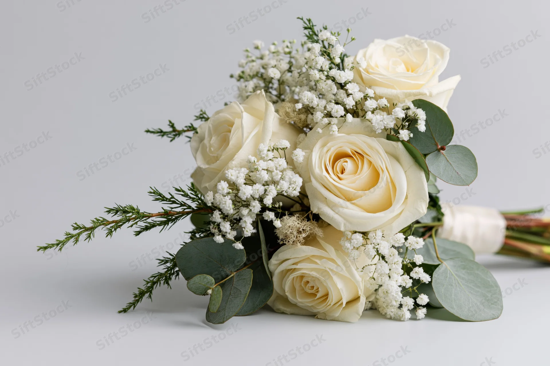 Bridal bouquet of cream white roses baby's breath and eucalyptus arranged on a plain surface with copyspace