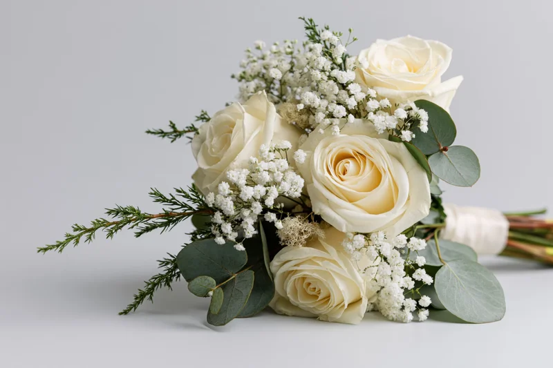 Bridal bouquet of cream white roses baby's breath and eucalyptus arranged on a plain surface with copyspace