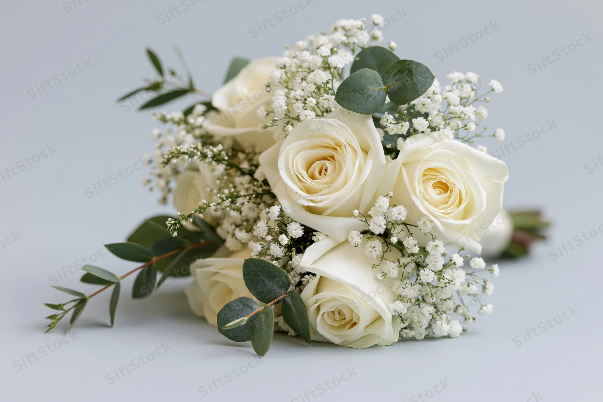 Bridal bouquet of cream white roses with baby's breath and eucalyptus arranged on a plain surface