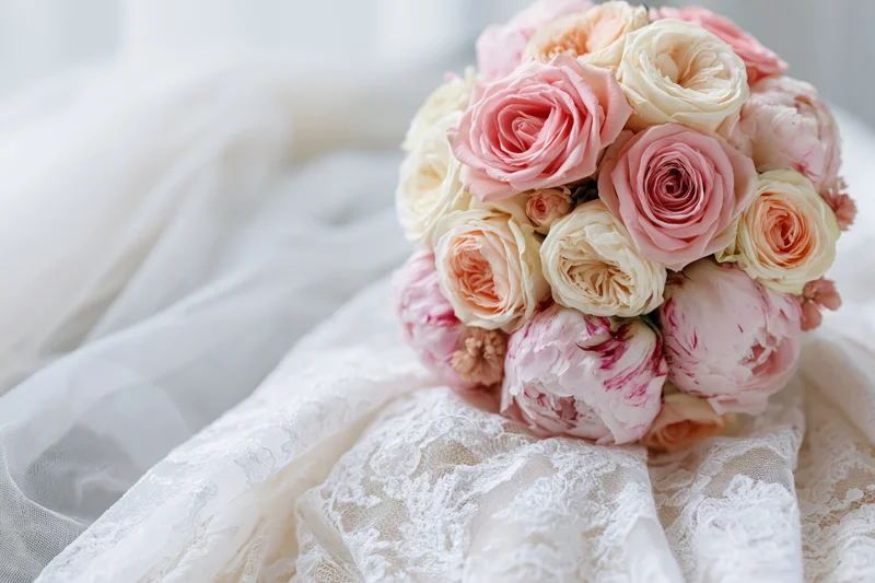 Bridal bouquet of pink roses and peonies resting on white lace fabric