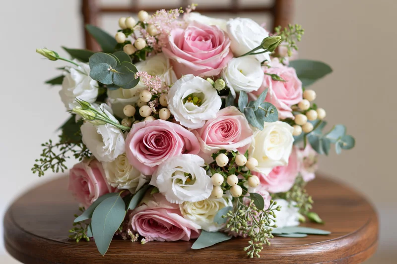 Bridal bouquet with pink and white roses and greenery resting on wooden chair seat