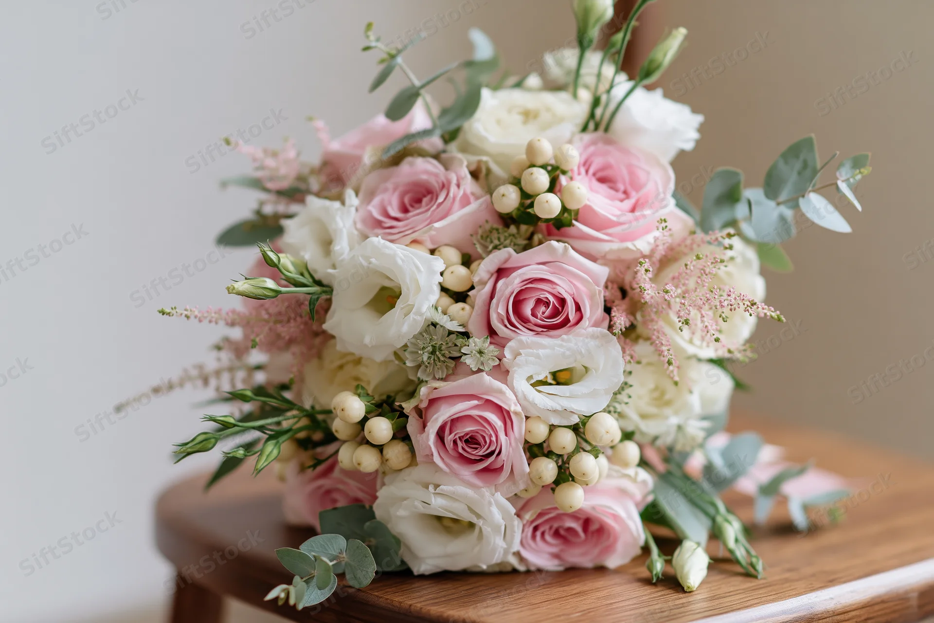 Bridal bouquet with pink and white roses and greenery resting on wooden chair seat