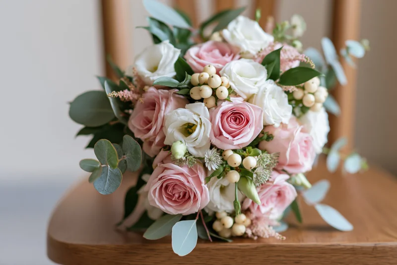 Bridal bouquet with pink and white roses and greenery resting on wooden chair seat