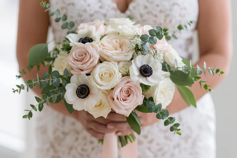 Bride holding a loose floral bouquet of roses and anemones with greenery in a white lace dress