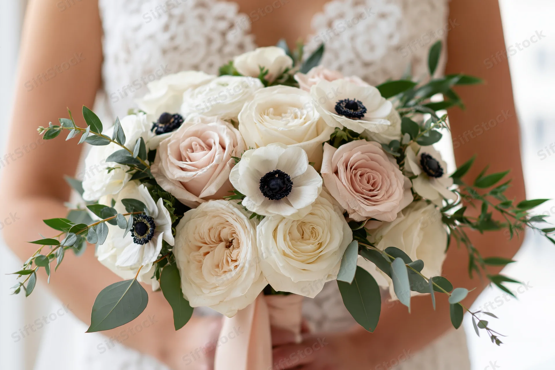 Bride holding a loose bridal bouquet of white and blush roses with anemones and eucalyptus leaves