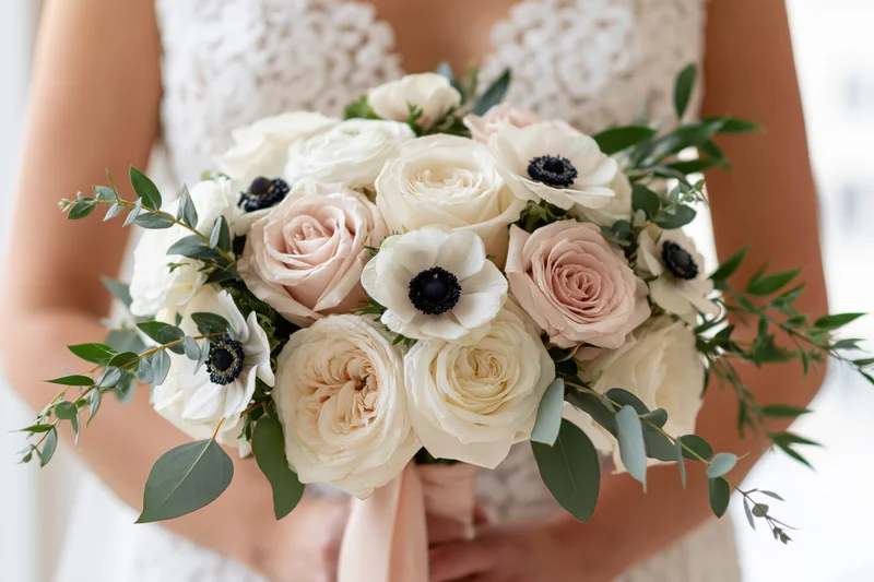 Bride holding a loose bridal bouquet of white and blush roses with anemones and eucalyptus leaves