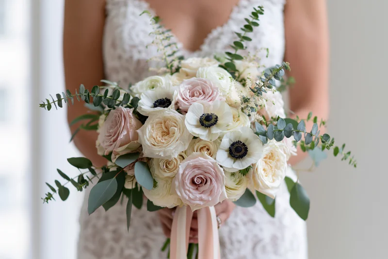 Bride holding a loose floral bouquet of roses and anemones with greenery, wearing a white lace dress