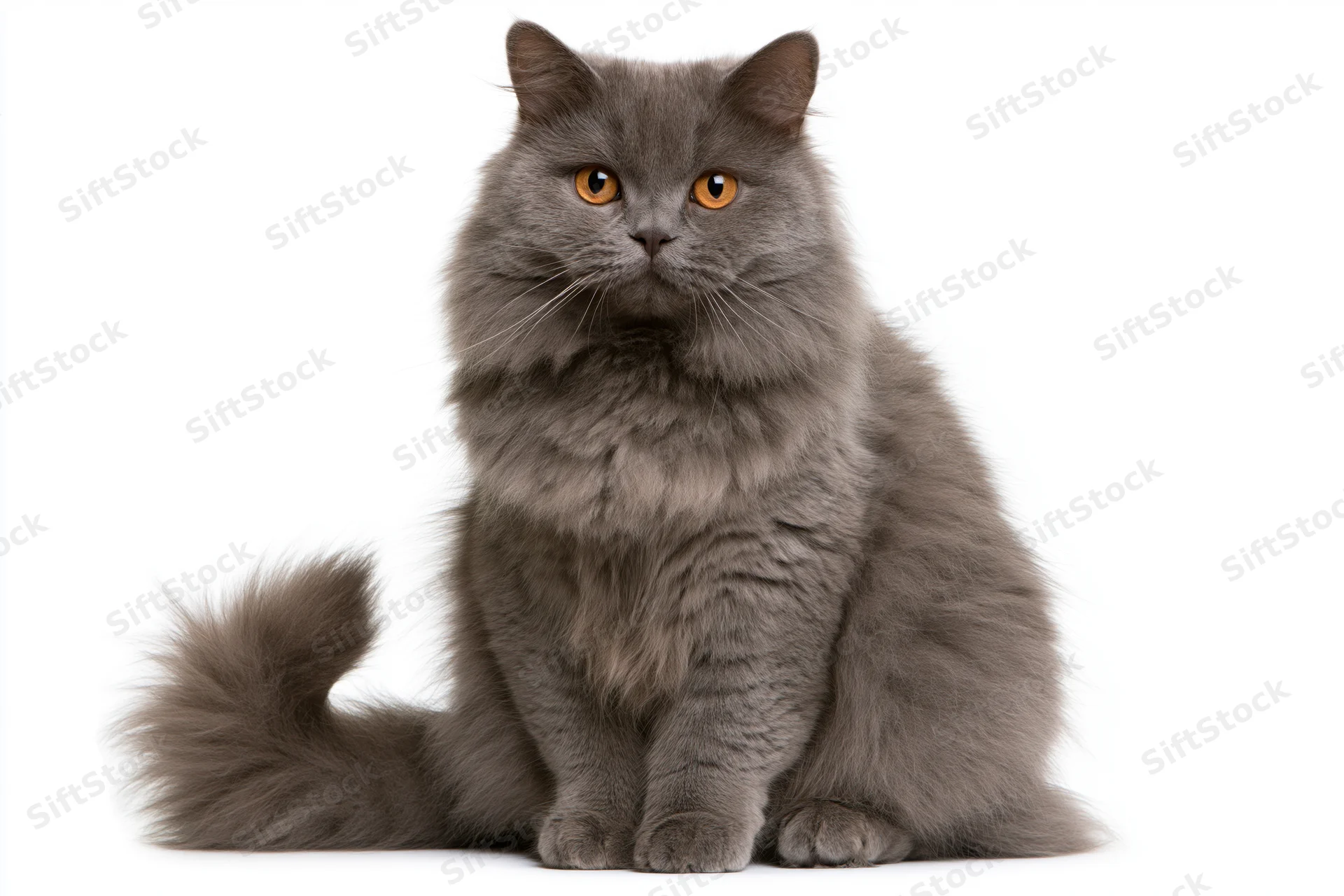 British longhair cat sitting upright facing camera on white background