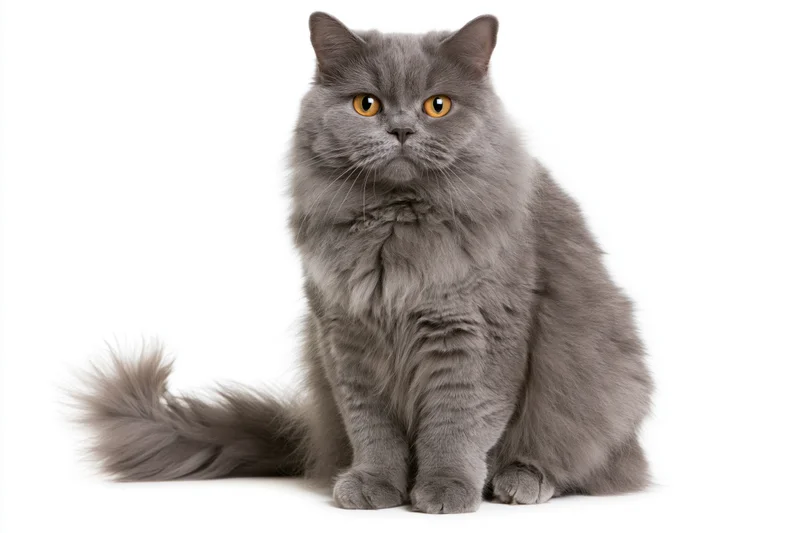 British longhair cat sitting upright facing camera on white background