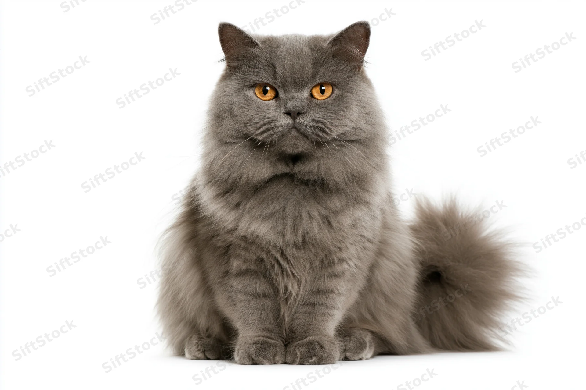 British longhair cat sitting upright facing camera on white background