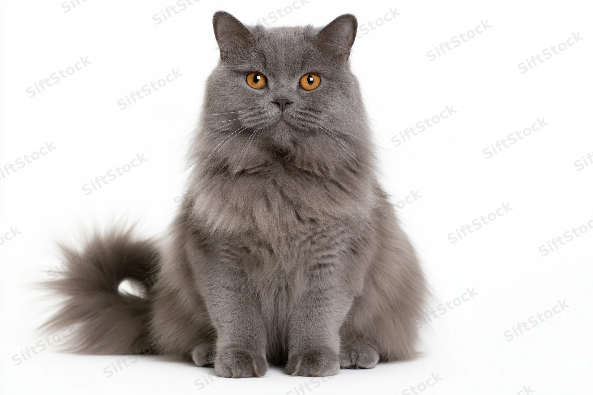 British longhair cat sitting upright facing camera on white background