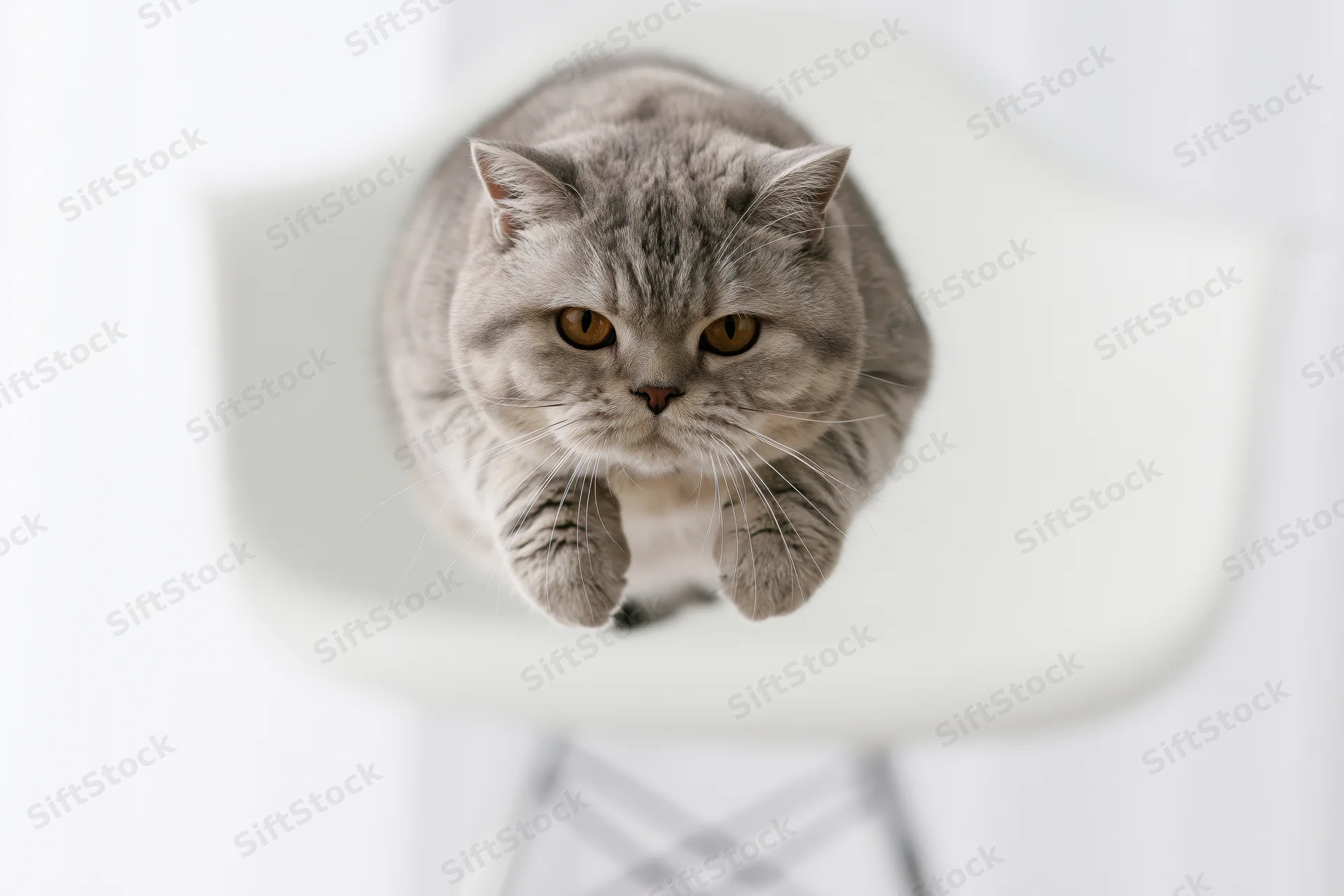 British shorthair cat midair leaping with paws extended above white chair