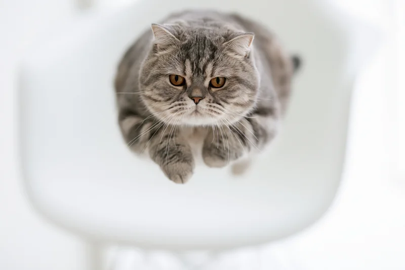 British shorthair cat mid-leap with paws tucked in front of white chair background