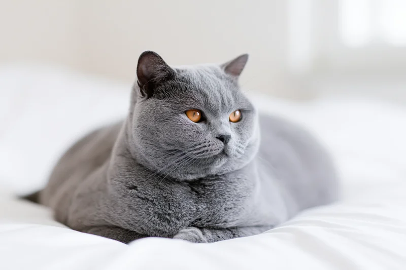 British shorthair cat lying in loaf position on white bedding in bedroom