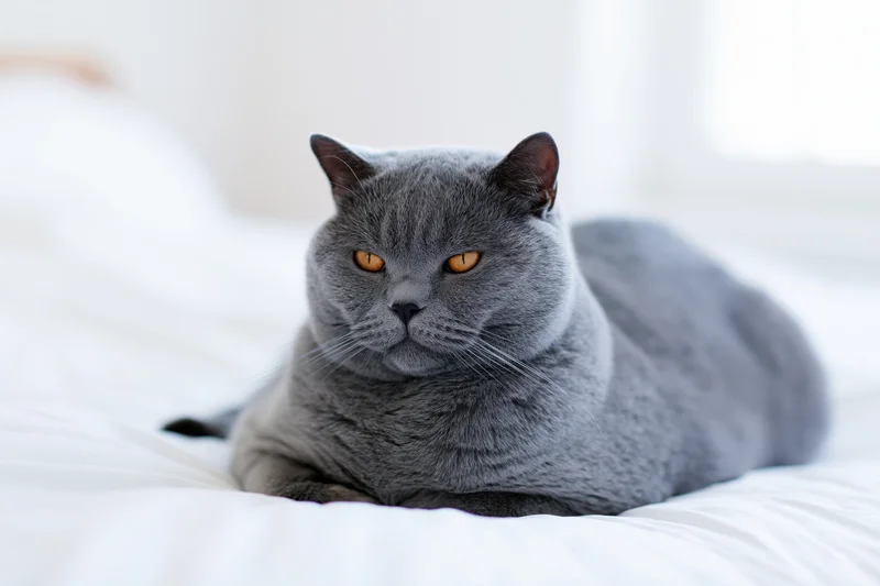 British shorthair cat lying in loaf position on white bedding
