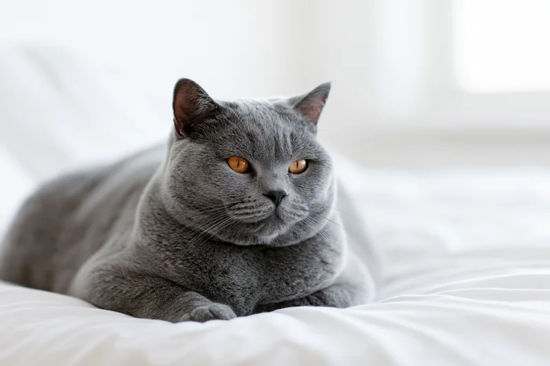 British shorthair cat lying in loaf position on white bedding
