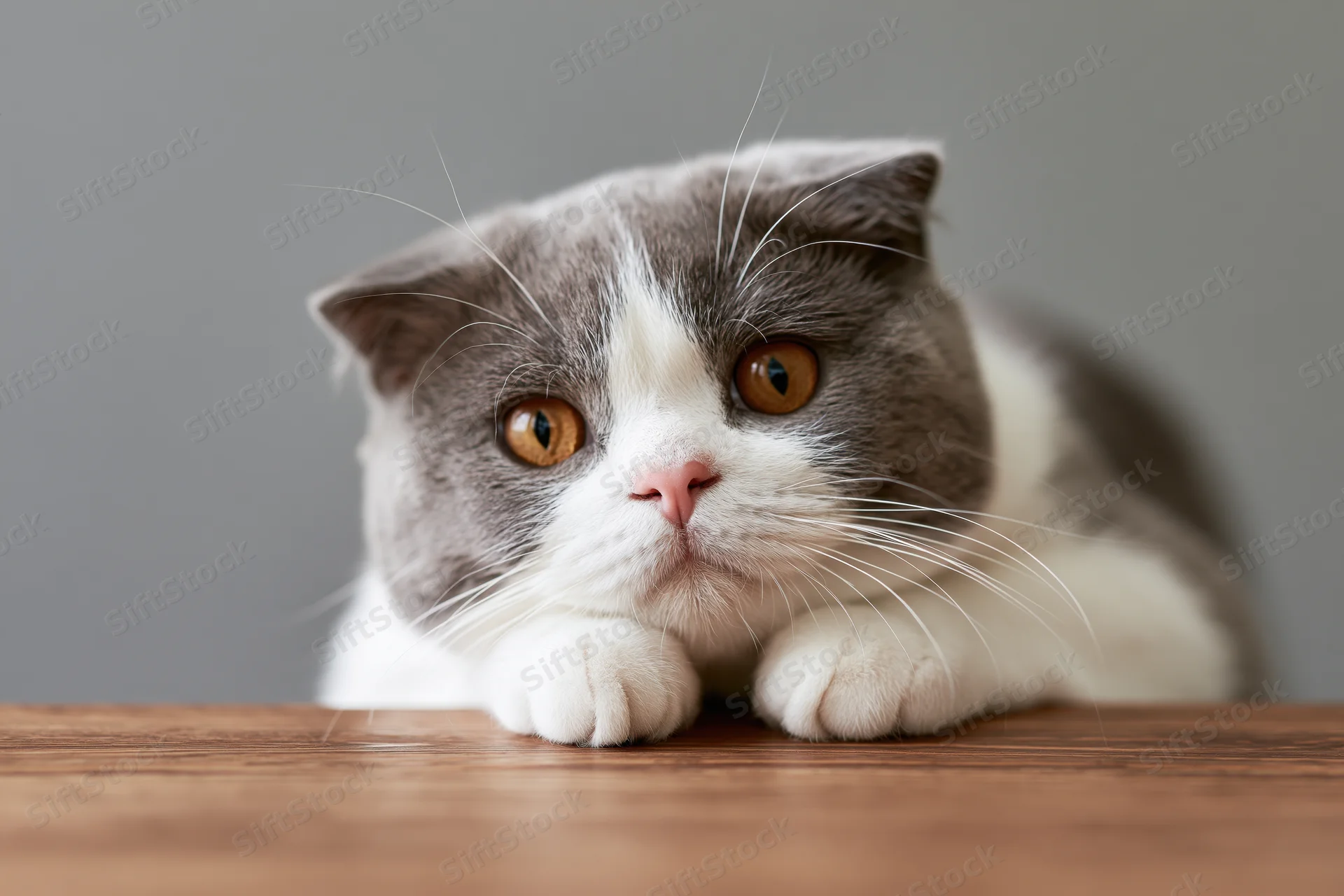 British shorthair cat resting with paws on wooden table, looking directly at camera