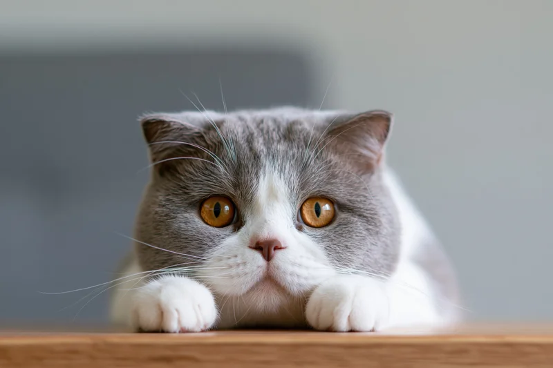 British shorthair cat resting with paws on wooden table, looking directly at camera