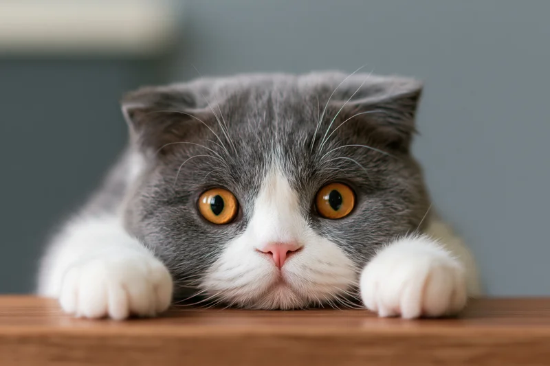 British shorthair cat with grey and white fur resting its head on a wooden table, paws extended forward, looking directly at camera