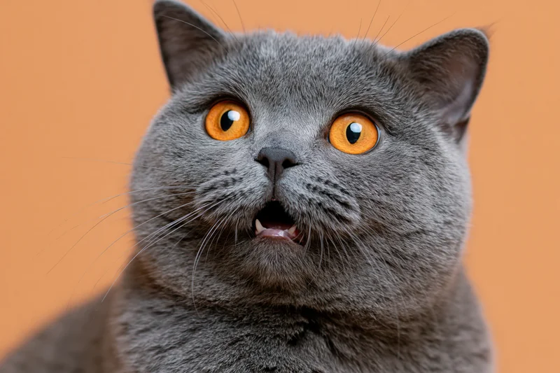 Gray british shorthair cat with mouth slightly open looking upward against orange background