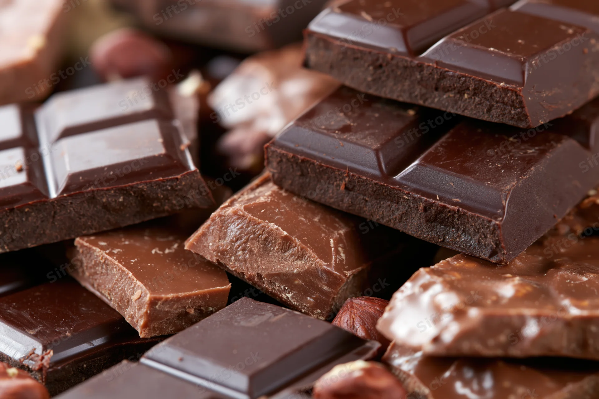 Broken dark and milk chocolate bars stacked and scattered together