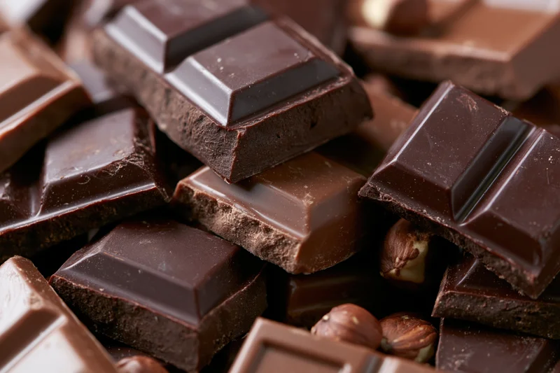 Broken dark and milk chocolate bars scattered in a close-up pile with visible hazelnuts