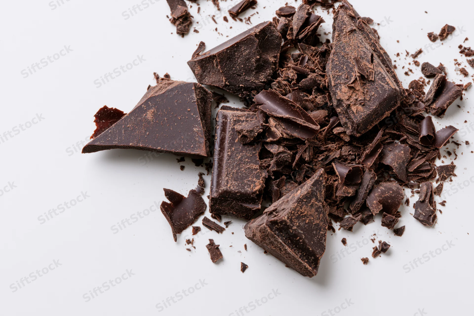 Broken dark chocolate chunks and shavings scattered across a white background