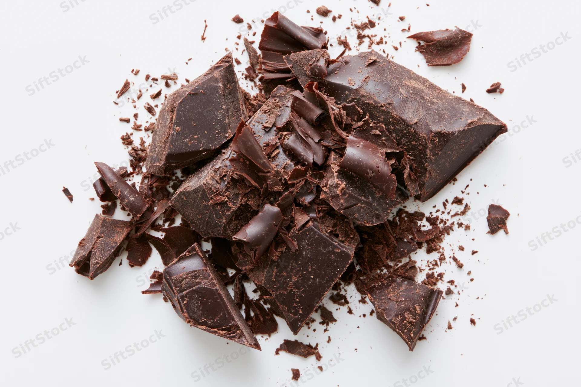 Broken dark chocolate chunks and shavings scattered across a white surface