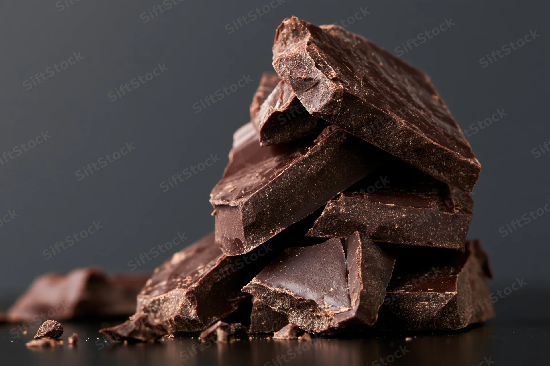 Broken dark chocolate chunks stacked into a rough tower on a dark surface