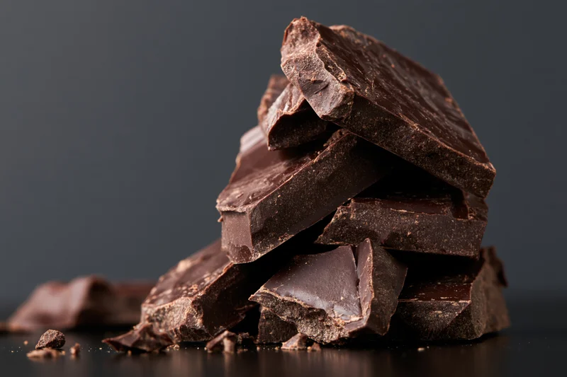Broken dark chocolate chunks stacked into a rough tower on a dark surface