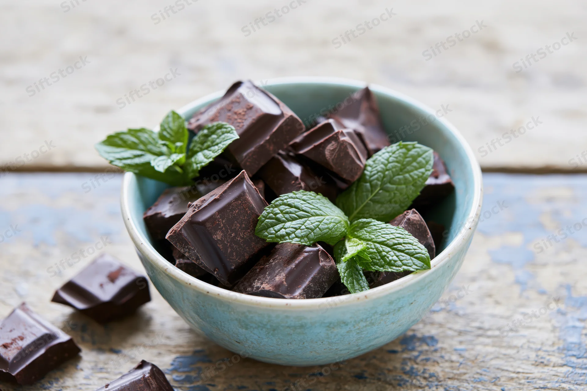 Broken dark chocolate pieces in a small blue ceramic bowl with fresh mint leaves on a rustic wooden surface
