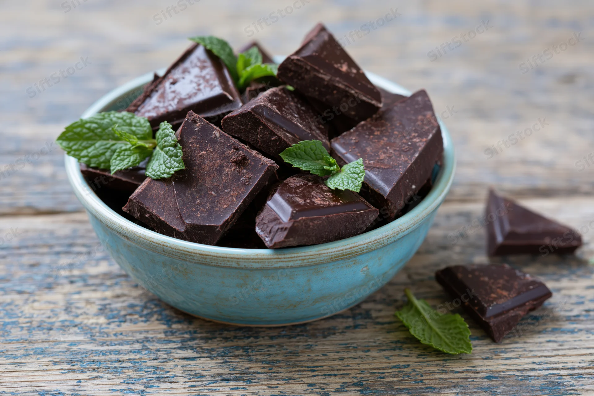 Broken dark chocolate pieces piled in a small blue ceramic bowl with mint leaves on a rustic wooden table